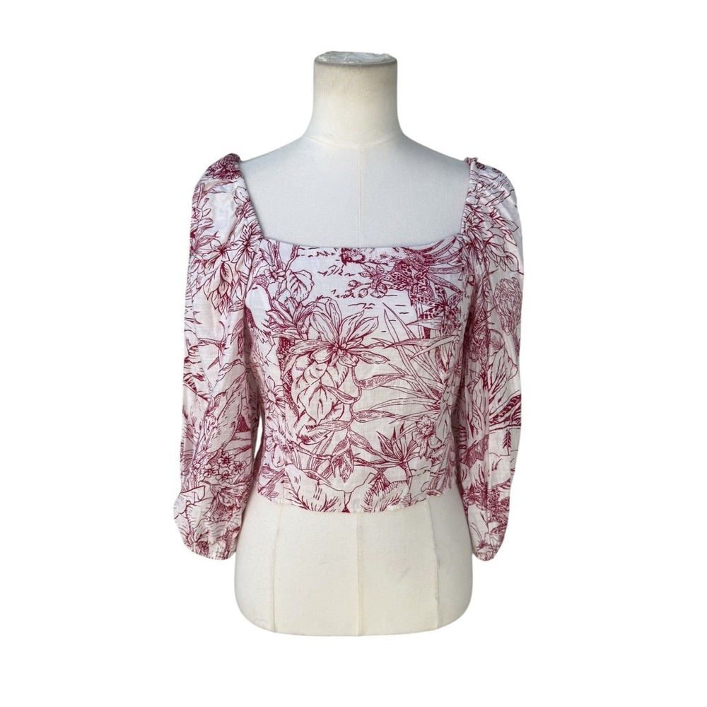 Express Pink Toile Floral Puff Sleeve Square Neck Smocked Crop Top Blouse S